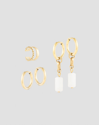 Set of gold-plated earrings with white jade in stainless steel Mys_4 - 1