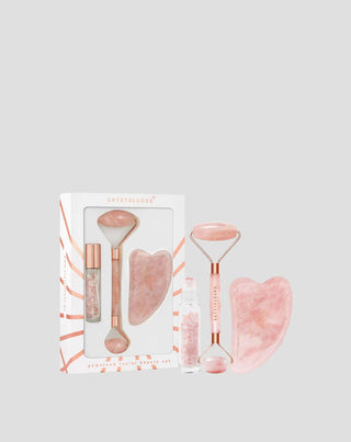 Face roller + gua sha plate + roll-on bottle Rose quartz beauty set Crystallove - 1