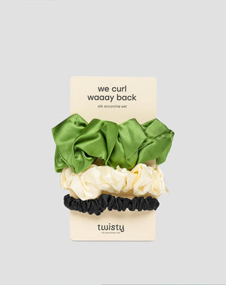 Set of 100% natural silk hair elastics - green, cream, black Twisty 3 pcs. - 1